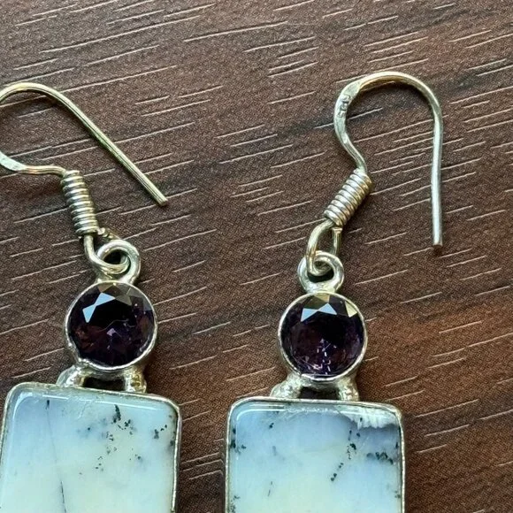 Sterling Silver Dendritic Agate and Amethyst Earrings - Picture 2 of 4